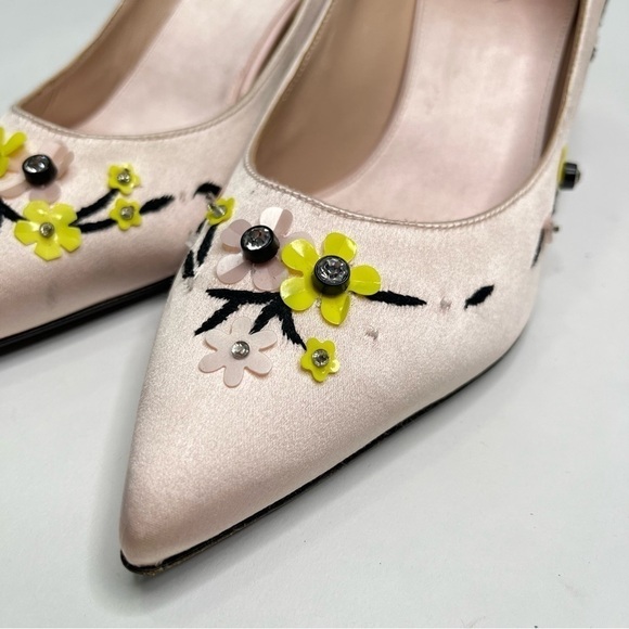 Giambattista Valli Blush Pink Luxury Satin Yellow Floral Embroidered Kitten Heel - Picture 4 of 14